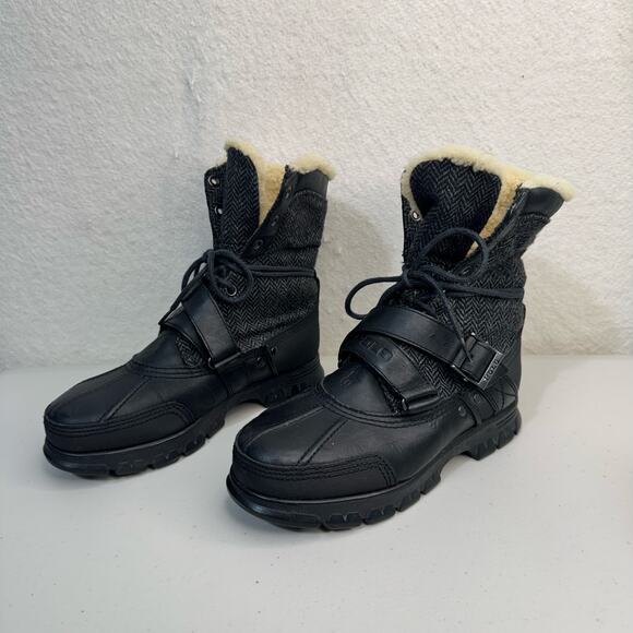 Polo Ralph Lauren Tavin Rollover Shearling Boots Black Leather Buckle Lace-Up 7D